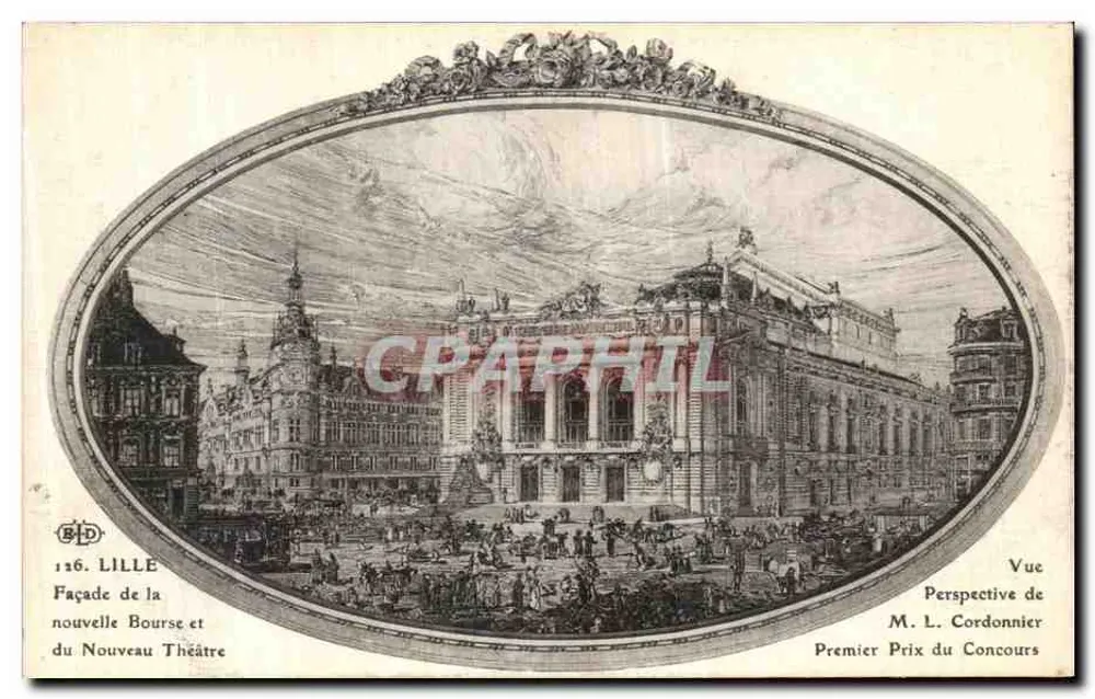 Lille — Fassade der neuen Börse und des neuen Theaters — Perspektive von M. L. Cordonnier, Erster Preis des Wettbewerbs - Vorderseite