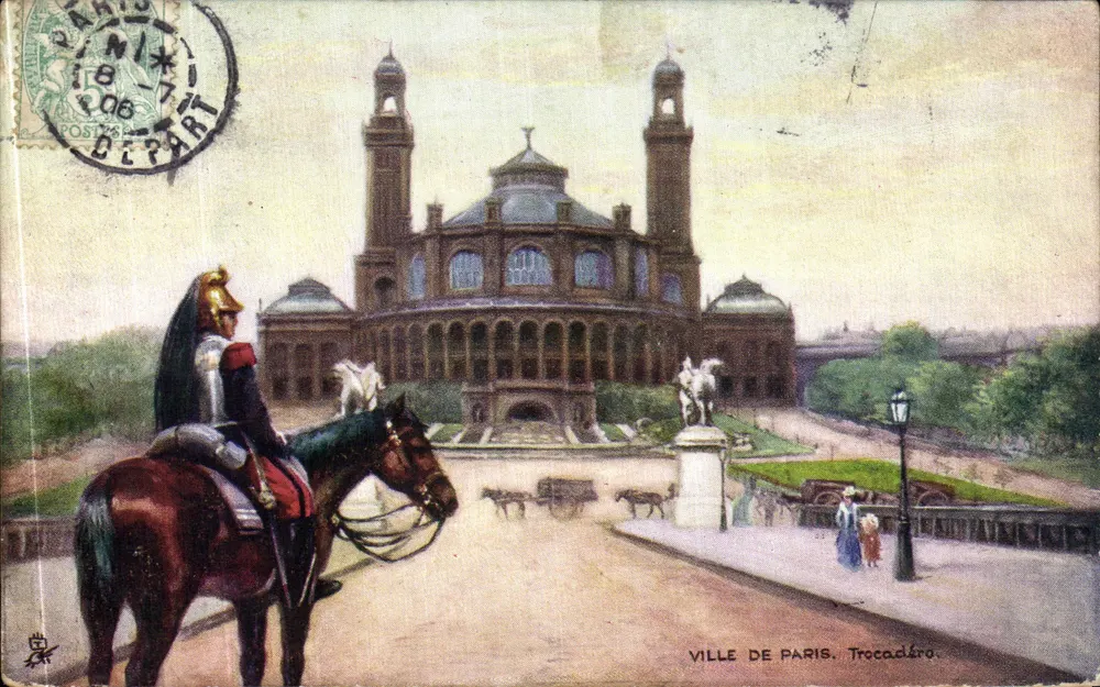 Stadt Paris. Trocadéro — Ansicht des Palais de Chaillot mit Reiter — Verleger Raphael Tuck & Fils, n°59 - Vorderseite