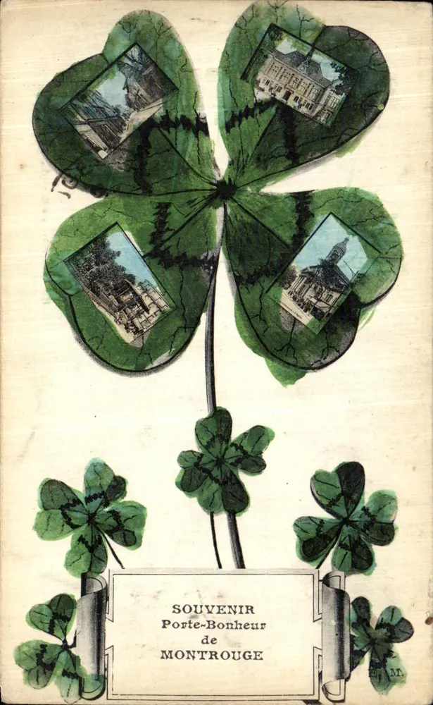 Souvenir Porte-Bonheur von Montrouge — dekorierte Karte mit einem Vierblattklee und vier Miniaturansichten von Orten, Verleger E. Malich - Vorderseite