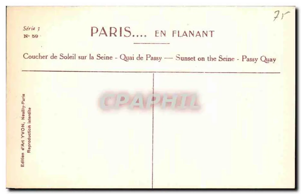 Paris... en Flanant — Sonnenuntergang auf der Seine - Quai de Passy — Serie 3 Nr. 59 — Kunstausgabe YVON, Neully-Paris - Rückseite