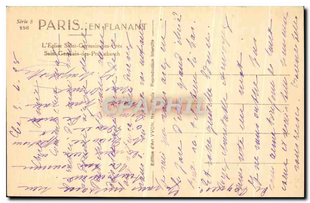 Igreja de Saint-Germain-des-Prés — Paris — Edição de Arte YVON, Série 8 n°158 - Verso