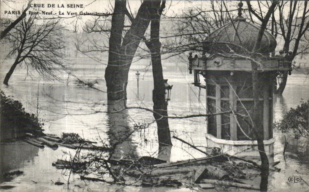Flut der Seine — Pont-Neuf, Le Vert Galant überschwemmt — E.D. Paris - Vorderseite