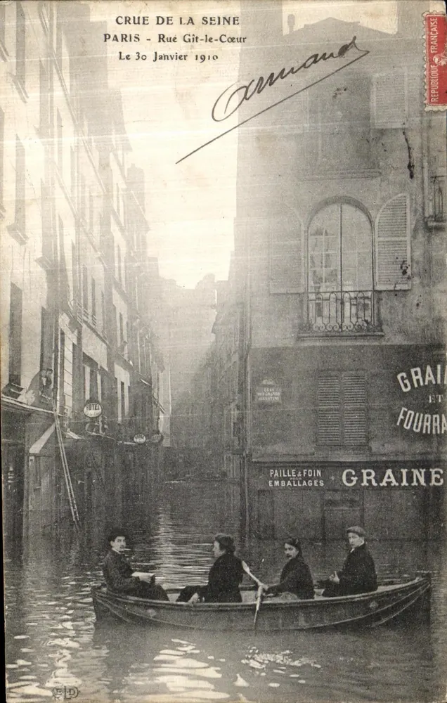 Überschwemmung der Seine — Rue Git-le-Cœur, Paris — 30. Januar 1910 — Verlag Armand - Vorderseite