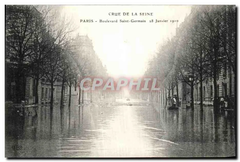 Cheia do rio Sena — Paris, Boulevard Saint-Germain, 28 de janeiro de 1910 — Editor C.P.D. - Frente