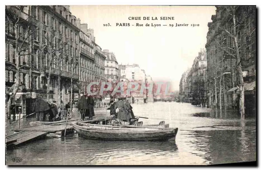 Crue de la Seine — Paris, Rue de Lyon — 29 Janvier 1910 — Éditeur B.D. n° 203 - Recto