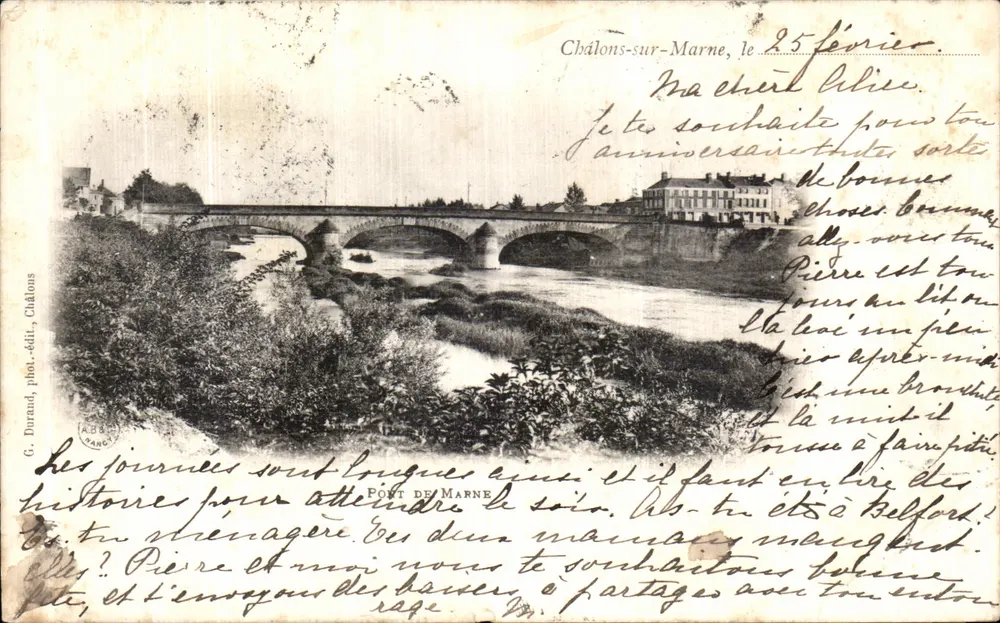 Pont de Marne — vue du pont et du fleuve à Châlons-sur-Marne — éditeur G. Durand, phot.édit. Châlons, n° A.83 - Frente