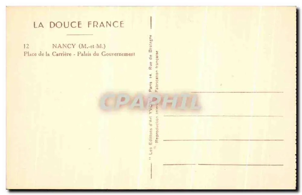 Place de la Carrière - Palais du Gouvernement — Nancy — Éditions d'Art Yvon, Paris - Rückseite