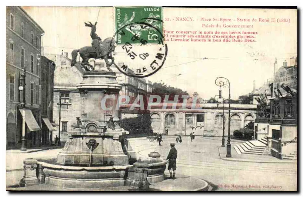 Nancy - Place Saint-Épvre - Statue von René II (1882) — Palast des Regierungsrats — Verlag Magasins Hennus, Nancy - Vorderseite