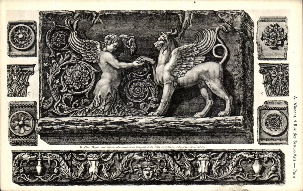 Grifone e angelo — dettagli di sculture — A. Vincent, 4 Rue des Beaux-Arts, Parigi - Recto