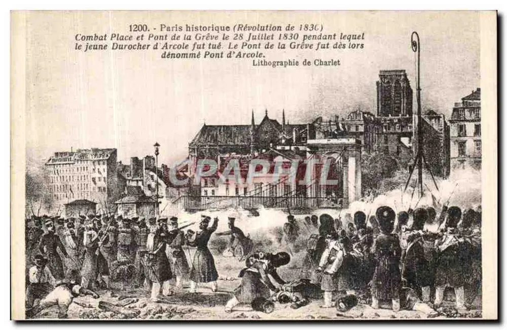 Schlacht auf der Grève in Paris — Revolution von 1830 — Lithografie von Charlet - Vorderseite