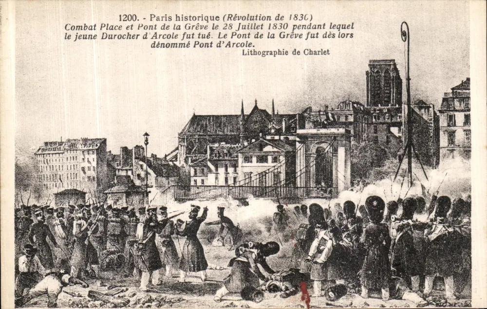 Kampf an der Place und am Pont de la Grève — Revolution von 1830 — Lithografie von Charlet - Vorderseite