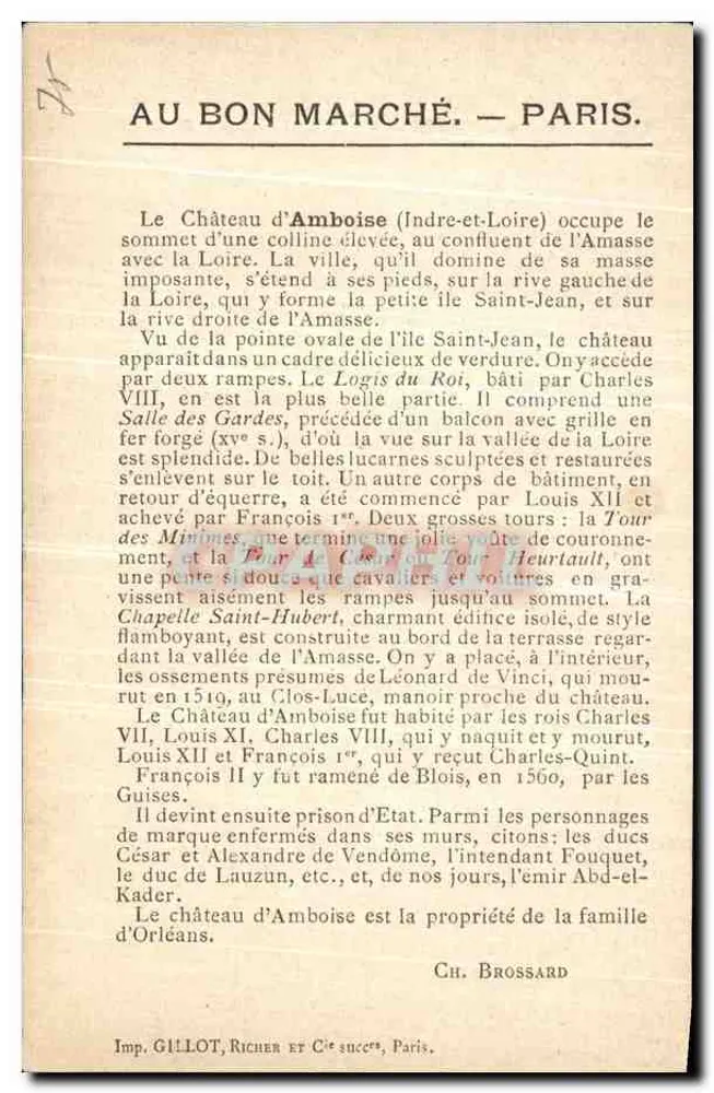Castello d'Amboise — Vista generale presa dalla riva destra della Loira — Au Bon Marché — Parigi. - Verso