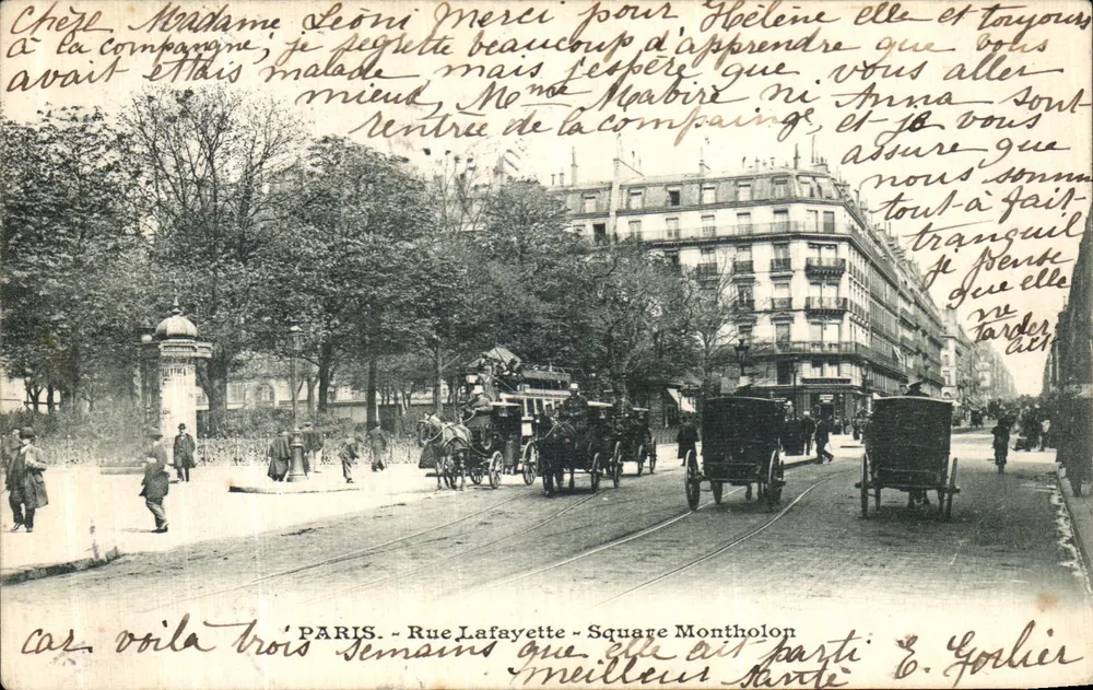Paris - Rue Lafayette - Square Montholon — vista urbana com carruagem e trem — editor E. Goblier - Frente