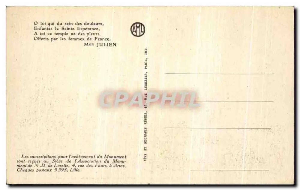 Notre-Dame-de-Lorette — Monument du Général Maître et la chapelle — éditeur AML, IMP. MGR JULIEN, PARIS - Verso