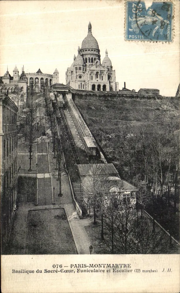 Basilika des Heiligen Herzens, Seilbahn und Treppen — Paris-Montmartre — J. H. — Nr. 076 - Vorderseite