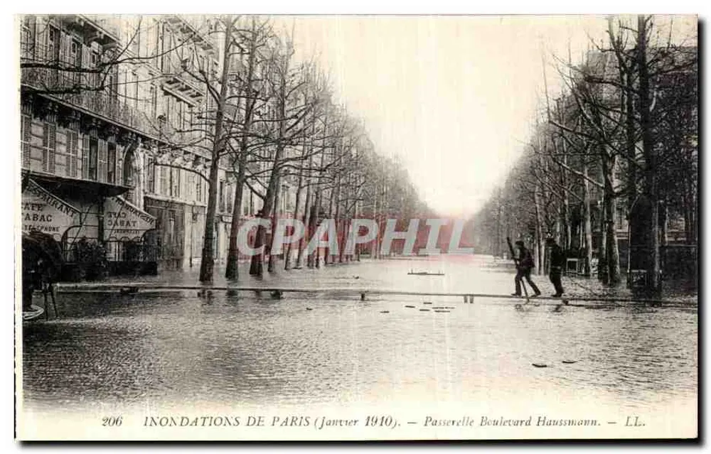 Inundações de Paris (janeiro 1910) — Passerelle Boulevard Haussmann — LL. n° 206 - Frente