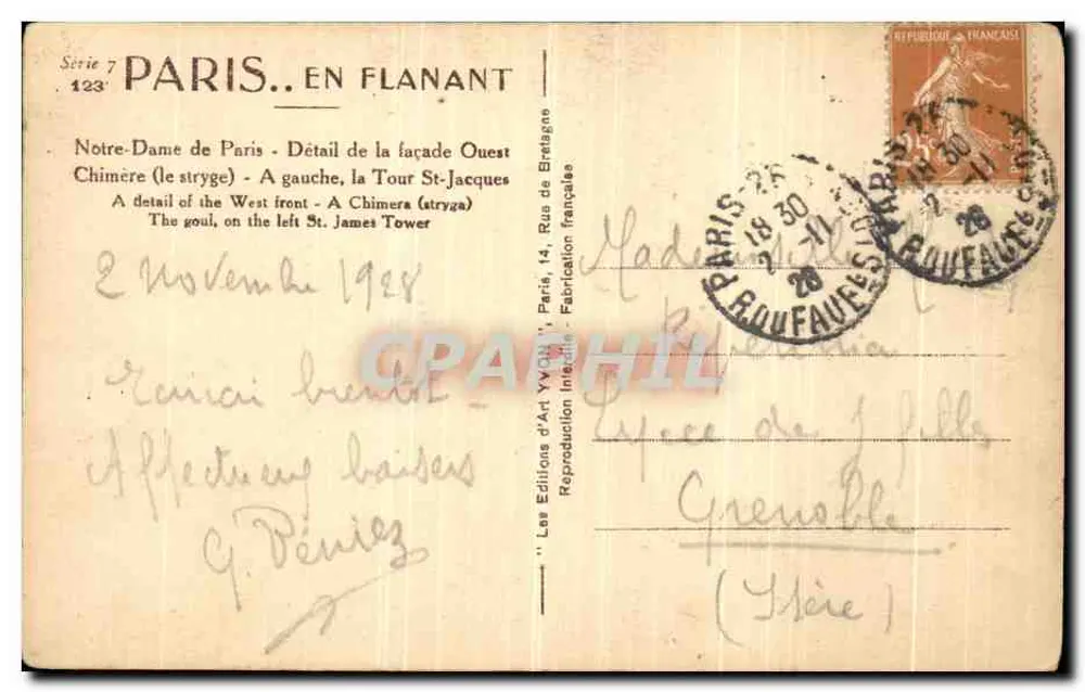 Notre-Dame de Paris — Détail de la façade Ouest avec chimère — Les Éditions d'Art Yvon, Série 7 - Verso