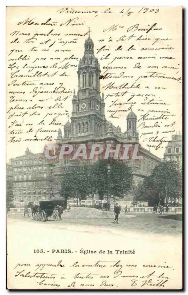 Paris - Igreja da Trindade — Bilhete postal antigo n°105, editada por uma impressora parisiense - Frente