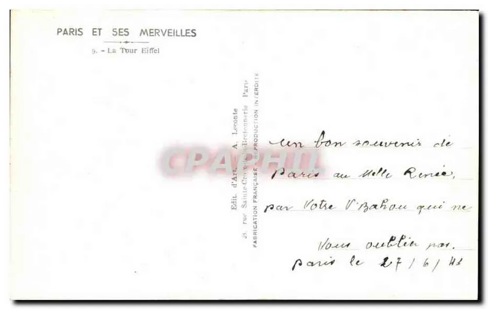 Paris e suas maravilhas — A Torre Eiffel — Editor A. Leconte - Verso