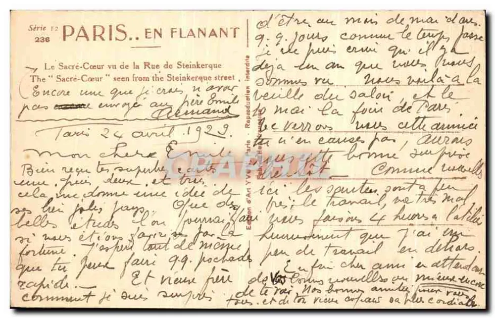 O Sacré-Cœur visto da Rue de Steinkerque — Paris — Edição Art Yvon, série 12 n°238 - Verso