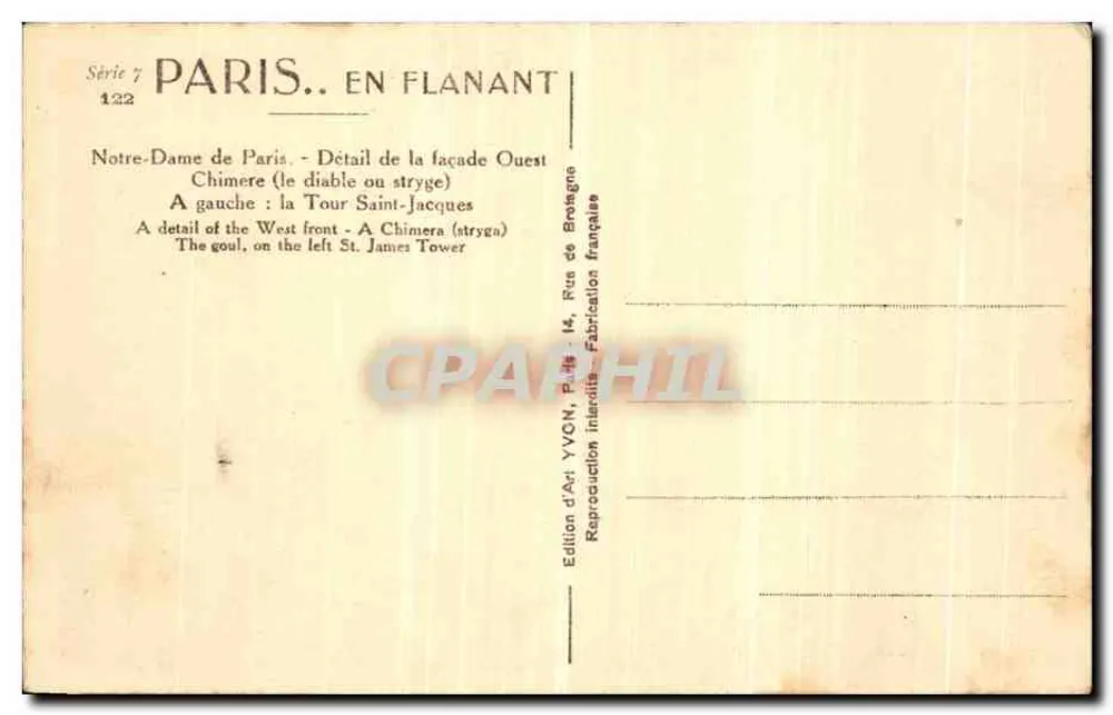 Notre-Dame de Paris — Detail der Westfassade — Chimären (der Teufel oder Stryge) — Kunstausgabe YVON, Paris - Rückseite