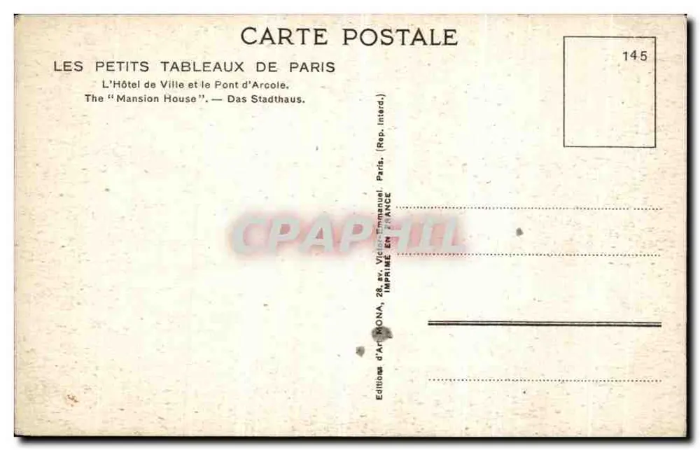 Das Rathaus und die Pont d'Arcole — Paris — Editions d'Art Mona, Nr. 145 - Rückseite