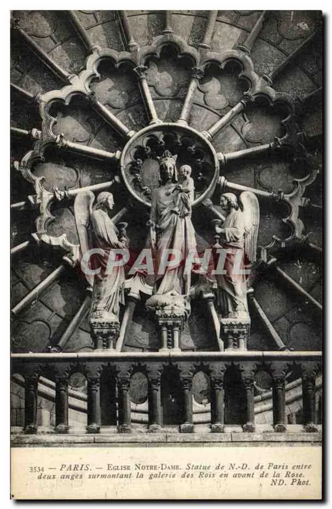PARIS — KIRCHE NOTRE-DAME. Statue der N.-D. von Paris zwischen zwei Engeln, die die Galerie der Könige über der Rose überragen. ND. Phot. - Vorderseite