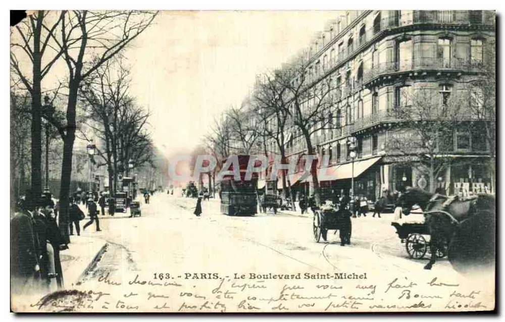Paris - O Boulevard Saint-Michel — vista da rua com trêmio e carruagens — editora não identificada, n° 163 - Frente