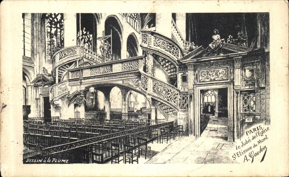 Der Chor der Kirche Saint-Étienne-du-Mont — Innenansicht der Kapelle mit Treppe und Stühlen — Zeichnung mit Feder von A. Goulon, Verlag Paris - Vorderseite