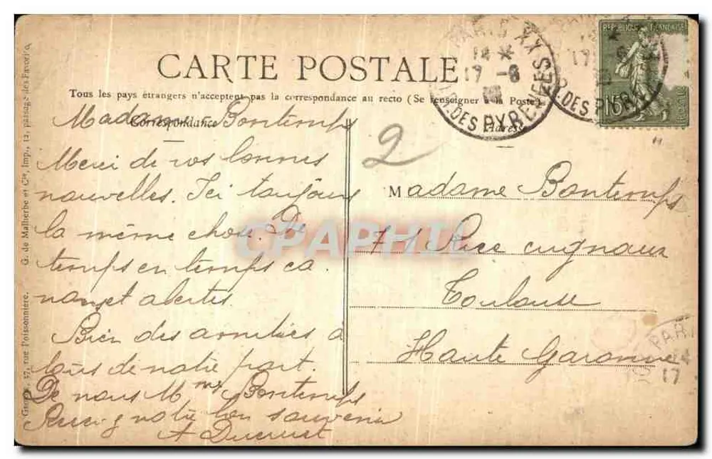 Arras — O campanário em ruínas — G. de Malherbe & Cie, Paris, n° 199 - Verso
