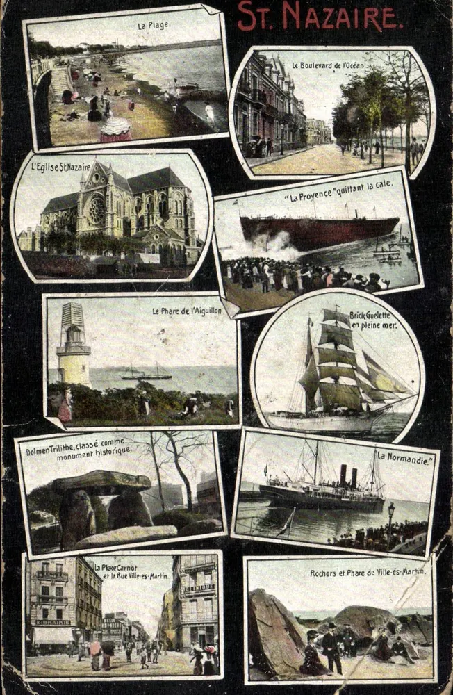 St. Nazaire — Panoramablick mit Kirche, Leuchtturm, Strand und Schiffen - Vorderseite