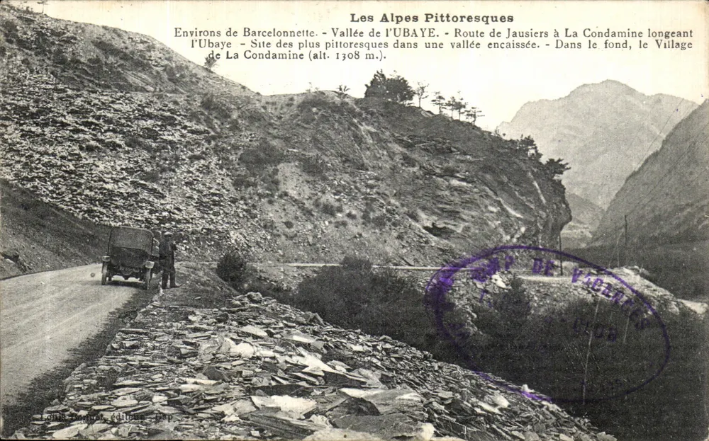 Pittoreske Alpen — Umgebung von Barcelonnette — Tal der Ubaye — Straße von Jausiers nach La Condamine — Dorf La Condamine (Höhe 1308 m.) — Verlag Longe-Bugnet, Dép. - Vorderseite