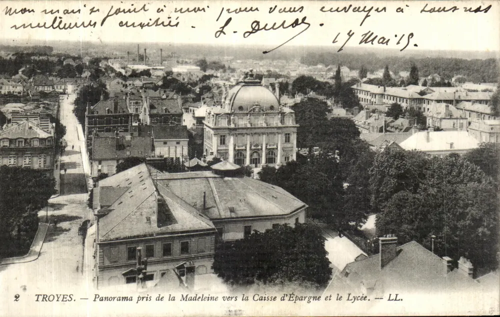 Troyes — Panorama vom Madeleine in Richtung Sparkasse und Lycée — LL. - Vorderseite