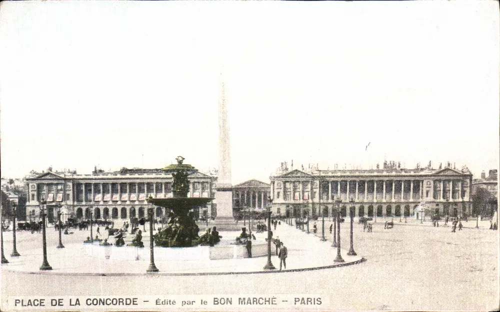Place de la Concorde — Obelisk und Fontäne — Verlag Le Bon Marché — Paris - Vorderseite