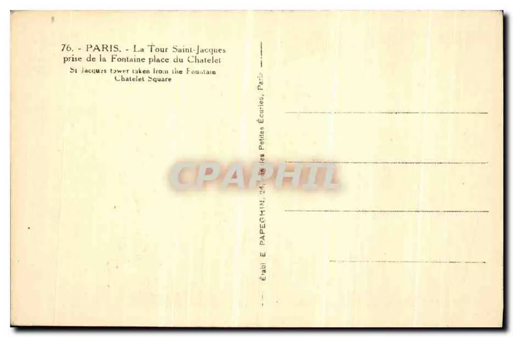 Paris - Die Saint-Jacques-Turm von der Fontaine du Châtelet aus gesehen — Verlag E. Papeghin, n°76 - Rückseite