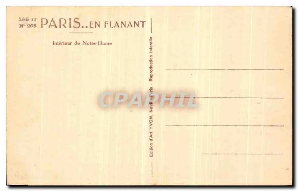 Interior da Catedral de Notre-Dame — Paris — Edição de Arte YVON, N°205, Série 11 - Verso