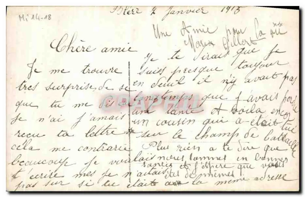 Soldat und junge Frau vor einem brennenden Feuer mit dem Vertrag von Frankfurt — J.T.K. n° 9327 - Rückseite