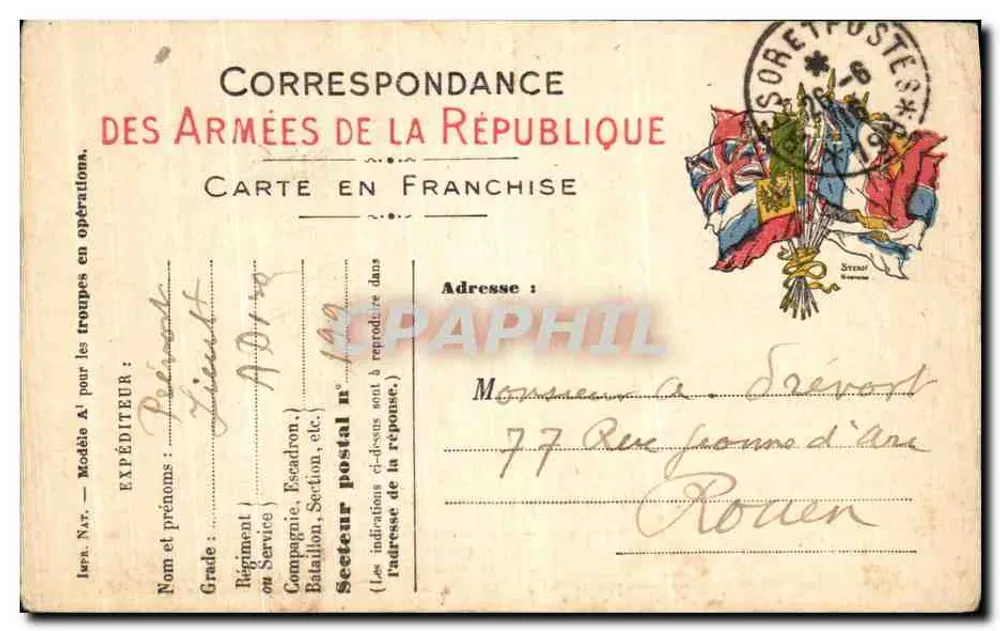 Correspondência das Forças da República — Carta em franquia — Sorel (Loire) - Frente