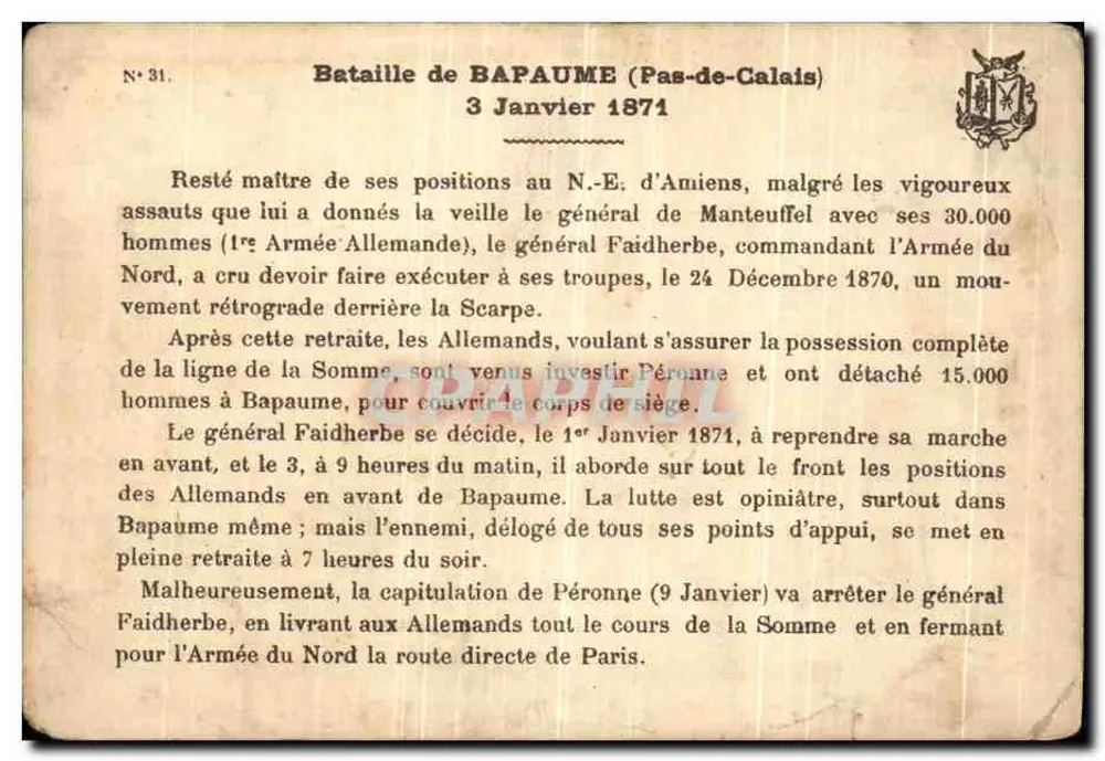 Bataille de BAPAUME — scène de combat enneigée devant une église — éditeur E. Germnairy, n°31 - Rückseite
