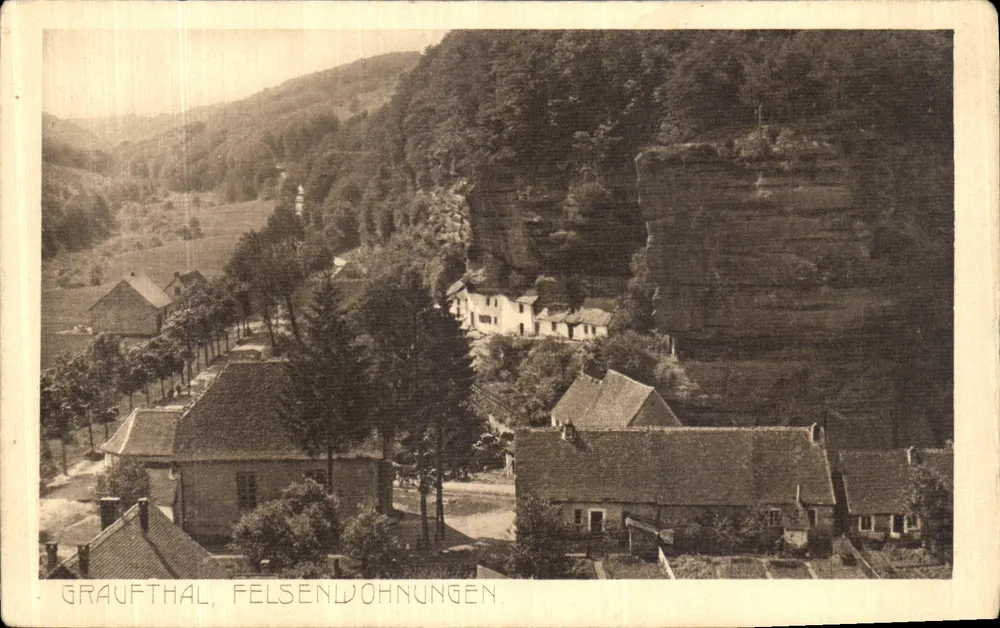 Graufthal — Felsenwohnungen (maisons dans les falaises) — éditeur Illustrations d'Alsace-Lorraine en Gravures, W. S. S. Sr. - Frente
