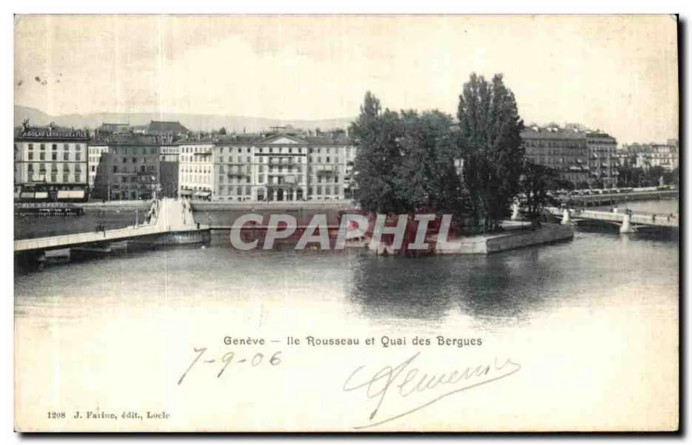 Genève — Île Rousseau und Quai des Bergues — J. Faiine, Verlag, Locle - Vorderseite