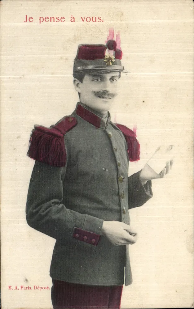 Soldado em uniforme — Je pense à vous — E. A. Paris. Déposé. - Frente