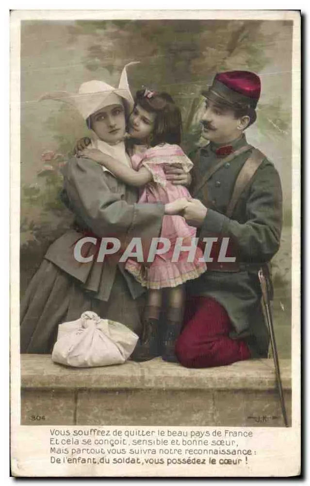 Familie am Mauerwerk — Soldat in Uniform — Verlag J.K. n°304 - Vorderseite
