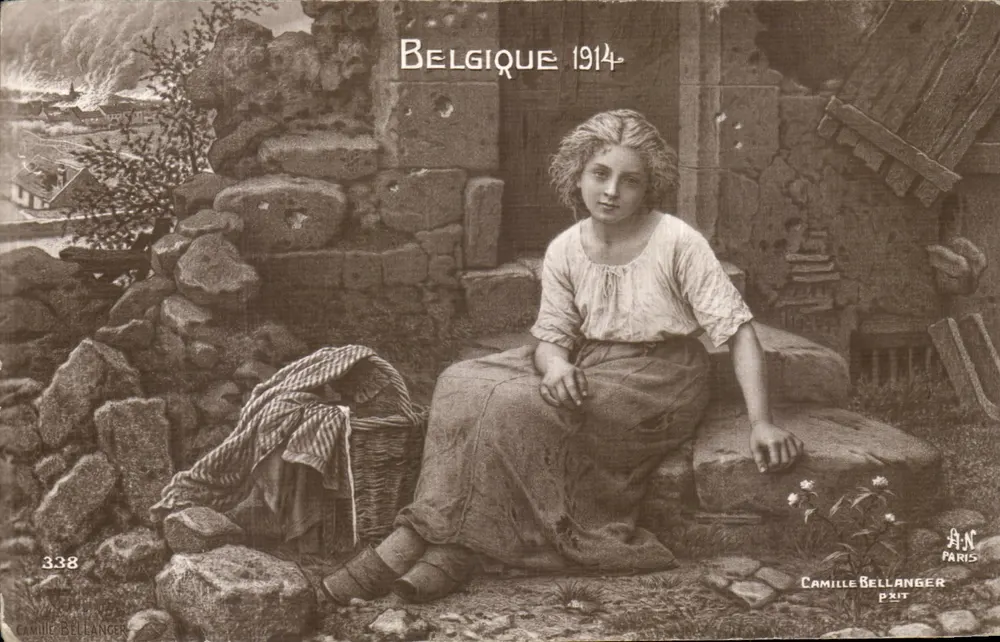 Junge Frau sitzend — Kriegsszene im Hintergrund — Camille Bellanger, Paris, n° 338 - Vorderseite