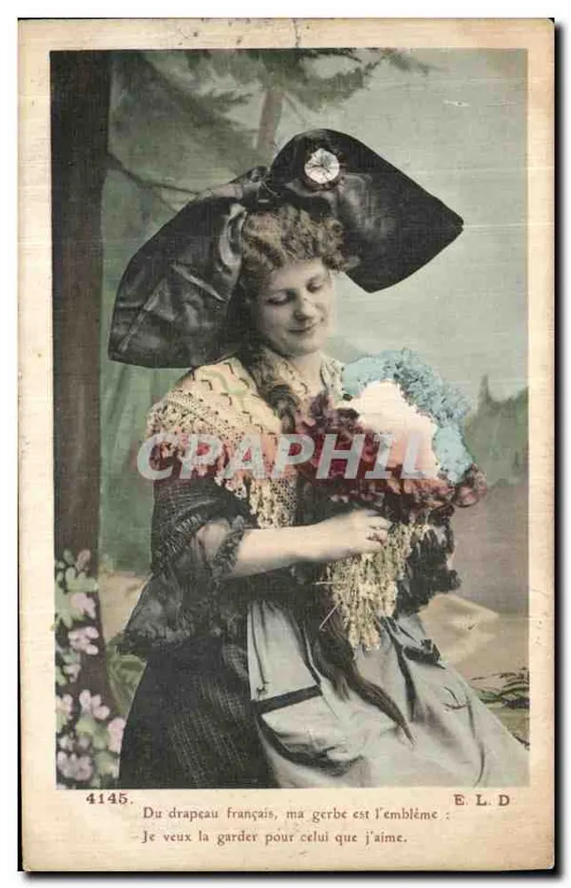 Frau in schwarzer Hut mit Blumenstrauß — E.L.D. Nr. 4145 - Vorderseite