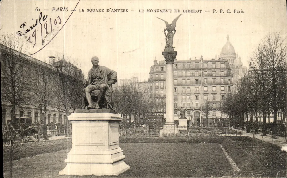 Paris — Le Square d'Anvers — Le monument de Diderot — P. P. C. Paris - Frente
