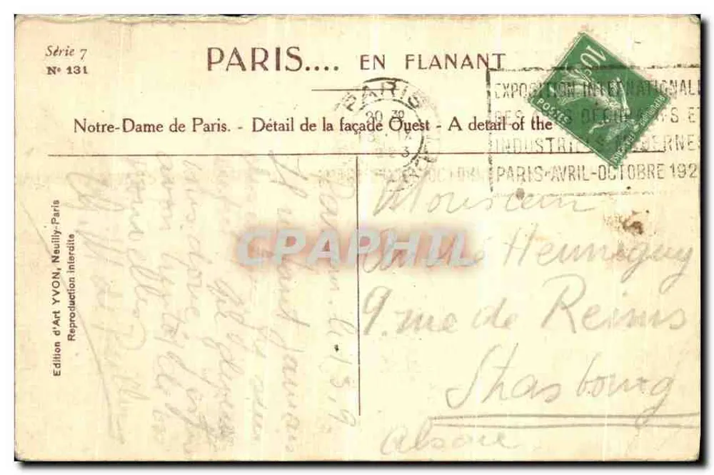Notre-Dame de Paris — Détail de la façade Ouest — éditeur YVON, série 7 n°131 - Reverso