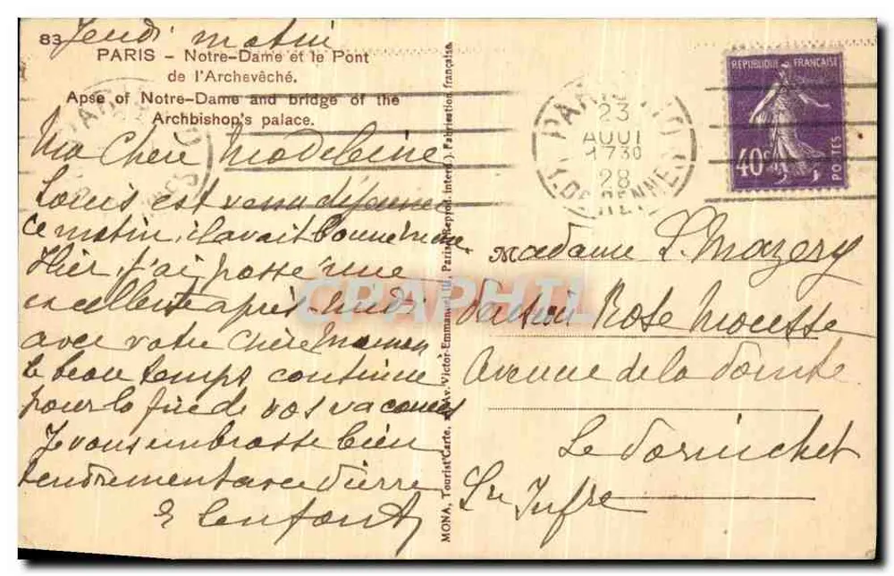 Notre-Dame de Paris — Pont de l'Archevêché — Verleger MONA - Rückseite