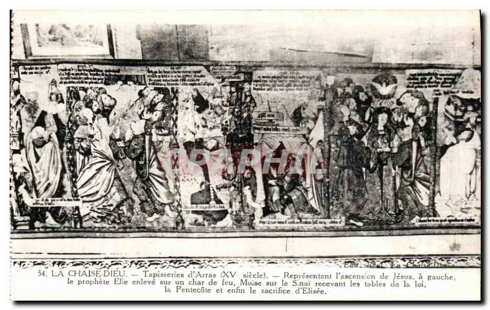 La Chaise-Dieu — Arras-Tapisserien (15. Jahrhundert) — Darstellend die Auferstehung Jesu, links, Mose am Sinai mit den Tafeln des Gesetzes, schließlich das Opfer Elias - Vorderseite