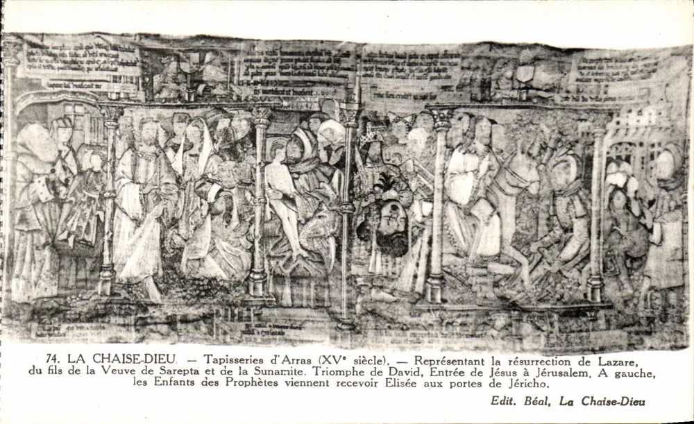 La Chaise-Dieu — Tapisseries von Arras (15. Jahrhundert) — Darstellungen der Auferstehung des Lazarus, des Sieges Davids, der Einzug Jesu in Jerusalem, die Kinder der Propheten empfangen Elias an den Toren Jericho - Vorderseite